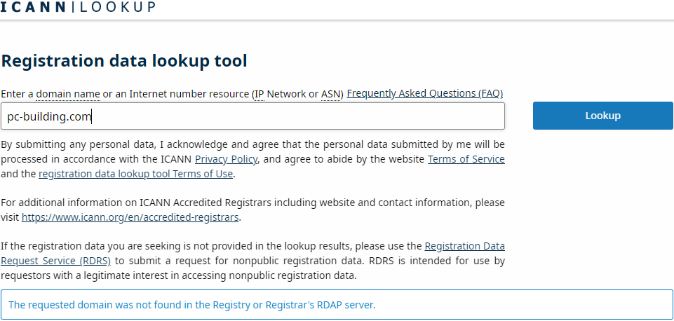 ICANN response of an unregistered domain